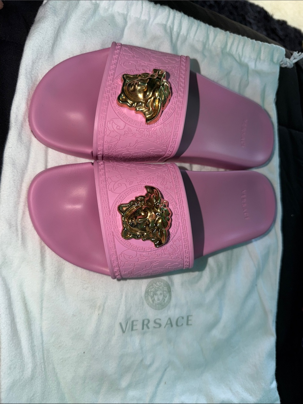 Versace Pink Rubber Medusa Slides with Gold Emblems